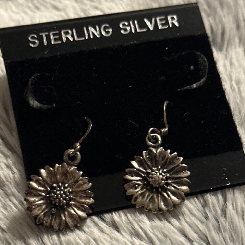 Daisy Sunflower Dangle Charm Earrings, Sterling Silver French Hook Ear‎ Wire